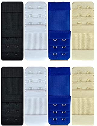 Dzxin BH Verlängerung 2 Haken, 8 Stück BH Erweiterung 3 Reihen 2 Haken BH Verschluss Verlängerung für Frauen-BH (4 Farben Hautfarbe, Weiß, Schwarz,Blau)