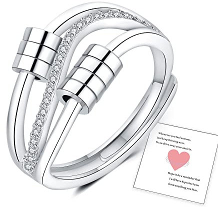 HEEYA Silber Angstringe für Damen Sterling Silber 925 Angst Fidget Ring mit 5A Zirkonia Spinner Daumenring für Frauen mit Perlen Verstellbare Ringe für Stressabbau mit Geschenkbox