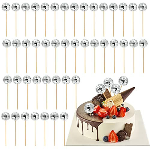 Suwimut Disco Ball Cupcake Toppers - 50pcs Mini Disco Ball Cake Decorations for 70s Theme Parties, Birthdays & New Year Celebrations