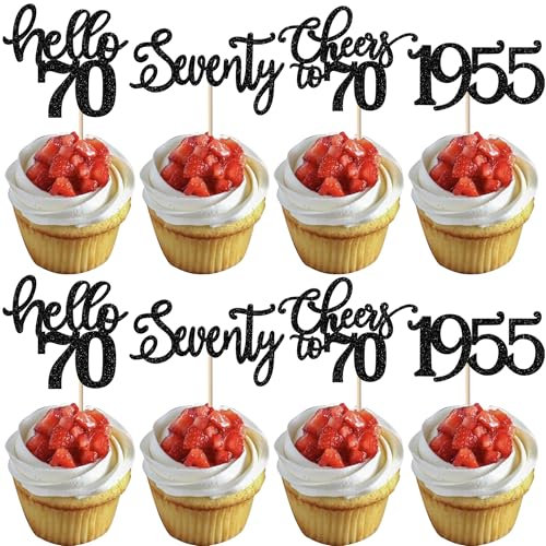 24 Stück 70 Geburtstag Cupcake Toppers Glitter Seventy seit 1955 Prost auf 70 Cupcake Picks Hallo 70 Jahre Geburtstagskuchen Dekorationen für glückliche 70 Geburtstag Jubiläum Party Schwarz