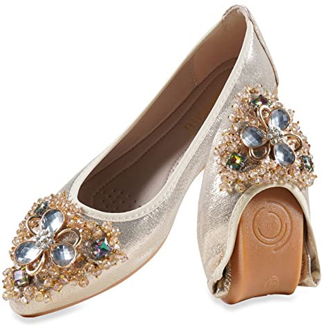 MACHSWON Womens Fold up Pumps Roll up Shoes Foldable Ballet Flats with Sparkly Rhinestone, Portable Ladies Slip On Loafers(Gold-1, Size 6)