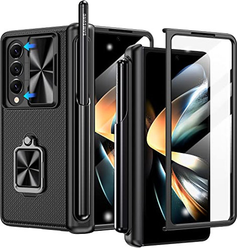 Doeshine Cover per Samsung Galaxy Z Fold 4, Custodia con Supporto S-Pen, 360 Rotante Supporto, Protezione Della Fotocamera e Cerniera, Davanti Pellicola Protettiva, Antiurto Case (Nero)
