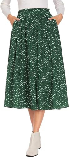 Parabler Damen Chiffon Rocke Sommer Midirock Polka Dot Retro Faltenrock Casual Sommerrock Lang Strandrock mit Tasche Dunkelgrün S
