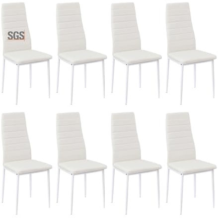 buybyroom Juego de 8 sillas de Cocina de Metal, Silla de Mesa de Comedor cómoda, Asiento Acolchado, Blanco