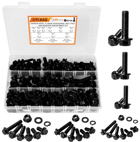 CYLBAQ 248 Stück Flansch-Sechskantschrauben, M6, M8, M10, Flansch-Sechskantschrauben, Muttern, Karbonstahl M6-1,0, M8-1,25, M10-1,5, Mutter- und Bolzen-Sortiment-Set mit Aufbewahrungskoffer