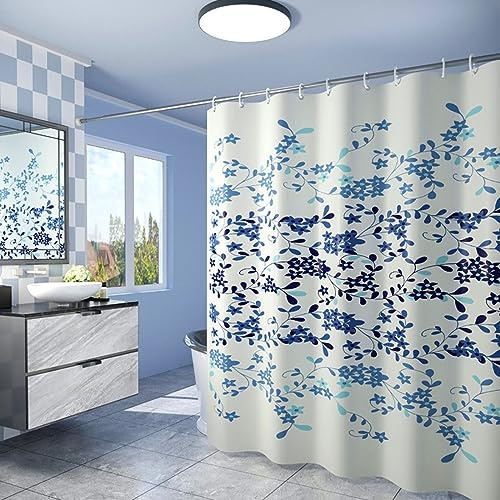 Homxi Rideau de Douche avec Oeillets,80 W x 200 H CM,Rideau de Douche Bleu Blanc Impression de Feuille Rideau Douche Polyester Crochet Rideau de Douche