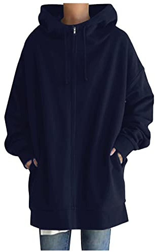 Veste longue en polaire pour femme - Grandes tailles - Sweat à capuche - Fermeture éclair - Surdimensionné - Loisirs - Sweat en peluche doublé - Automne - Hiver - Jakce avec capuche, bleu foncé, 5XL