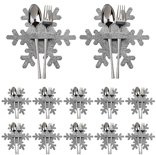 12Pcs Christmas Cutlery Holders, Felt Christmas Cutlery Bag Set, Christmas Table Decoration, Xmas Silverware Tableware Knife Fork Spoon Holder, Holiday Dinner Party Supplies (Snowflake, Grey)