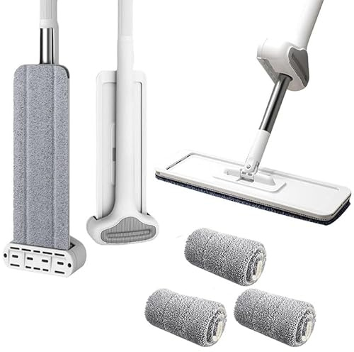 Nexoria Trapeador plano grande, autolavable, giratorio 360 grados, fregona plana de limpieza de pared con 3 almohadillas lavables y mango largo, fregona plana de microfibra manos libres para el baño