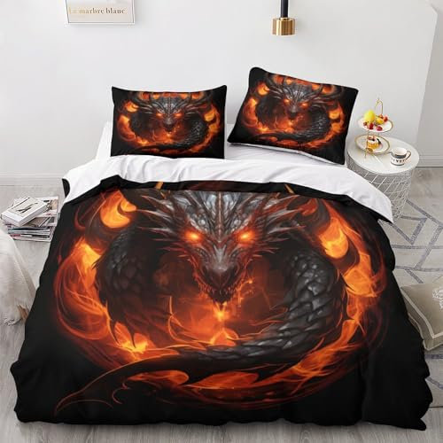OPSREY Drache Bed Linen Sets Wärme Drache King Duvet Cover Set Wärme Zum Schlafen Bettdeckenbezug Verstecktes Scharnier Bettwäsche Set Reißverschluss Bettbezug King(220x240cm)