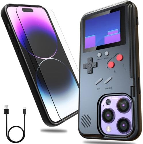 DOCOBOLO Gameboy Phone Case for iPhone 14 with Tempered Glass Phone Screen Protector,Full Color Display 36 Retro Classic Games, Protective Cover Self-Powered (Black)