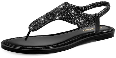 PIZZ ANNU Flache Sandalen Damen Flip Flops Flach Schuhe Sandaletten Sommer Freizeit Zehentrenner mit Glitzer Dekoration Schwarz PU EU 39