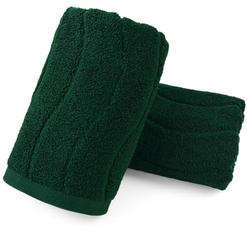 2-Piece Hand Towels Set in Forest Green, Wavy Striped Jacquard Towels for Bathroom Kitchen Gifts (13x29 Inches, 100% Cotton)