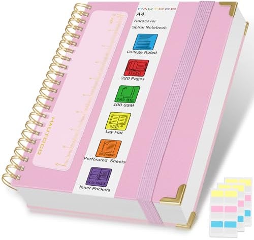 HAUTOCO Notizbuch A4 Liniert, Bullet Dot Journal, Spiral-Notizbücher 320 Seiten/160 Blatt, 100 gsm, Dickes Papier, Hardcover Notizbuch für Arbeit, Büro, Schule, Business, 29 x 21.5 cm - Rosa