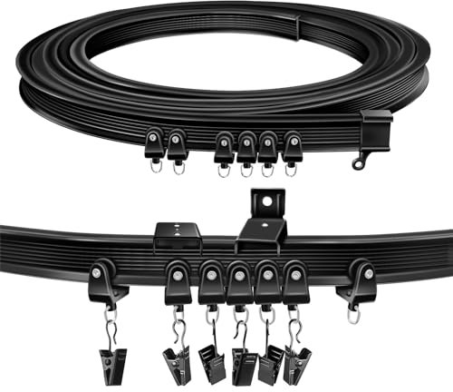 TOKPLNU Curtain Track, Flexible Bendable Curtain Rail 2.5m Black Curved Curtain Track Ceiling Wall Mounted Curtain Rails and Fittings for Bay Window Shower Room Divider