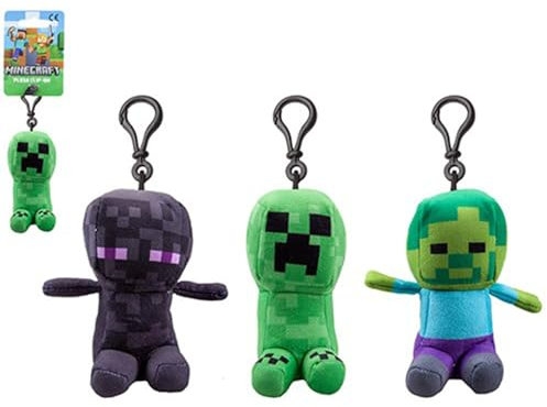Sortierte Minecraft Mini-Plüschfigur zum Anklipsen – 13 cm, 1 Stück (3 Sortimente: Zombie Steve, Creeper, Enderman) – Plüschtier mit detaillierten Funktionen