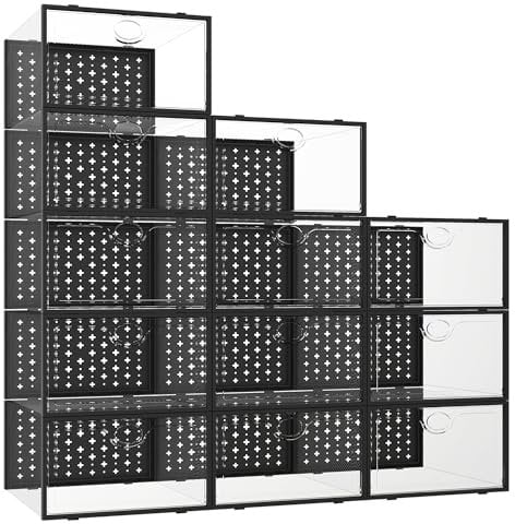 Pinkpum 12 pcs Clear Shoe Boxes, Stackable Plastic Shoes Storage Organiser, Fit Size 9.5, Foldable Sneakers Containers with PP Door Panels, Great Substitute for Shoe Rack, Black