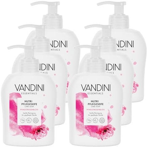 VANDINI 6x Nutri Flüssigseife Spender mit Pfingstrosenblüte Duft 300ml - Made in Germany Spender Seife vegan - Handseife flüssig reinigt sanft - Handwaschseife für gepflegte Hände - Hand soap