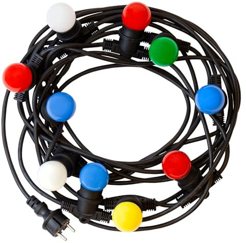 JungesLicht 5m LED Lichterkette mit 10x E27 bunten 1W LEDs IP44, Garten Lichterkette Außen Innen, schwarz, mit Stecker, 10x MIX Farben rot weiß grün blau gelb, für Terrasse Party Deko Biergarten