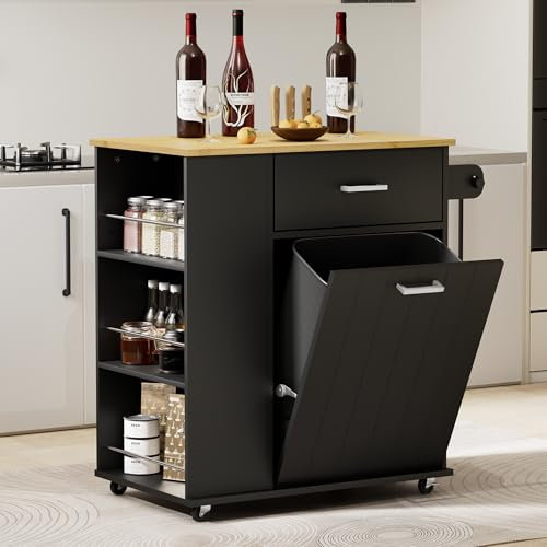 HQZX Isla de cocina rodante con almacenamiento de basura, isla de cocina portátil con ruedas con toallero y estante para especias, armario de basura inclinable con cajón, carrito de isla de cocina
