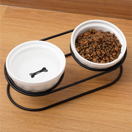 Navaris Double Gamelle Chat Surélevée - 2X Gamelle pour Chien et Chats 150 ML en Ceramique avec Support Surelevee Porte Gamelles - Bol Eau et Nourriture avec Rehausseur