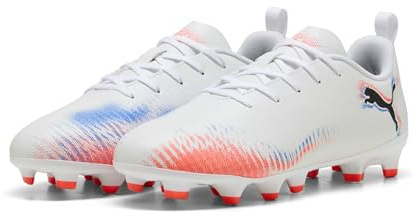 PUMA Future 8 Play FG/AG Jr Soccer Shoe Unisex Kids, PUMA White-PUMA Black-Glowing Red, 13.5