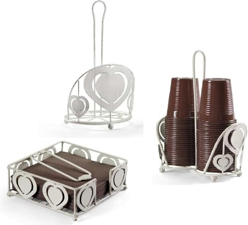 Ma Maison Set da Cucina in Filo di Ferro: 16x16x31 cm Con Portarotolo Portatovaglioli e Portabicchieri -Ideale per Organizzare la Tua Cucina con Stile Per Tutte le Occasioni (Bianco Heart)