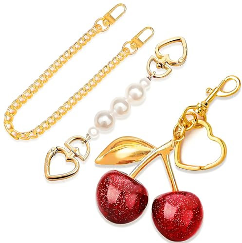 CMBPNNGS Kirsche Bag Charm Anhänger Tasche für Damen Vielseitiger Schlüsselanhänger Geldbörse Anhänger für Taschen Rucksäcke Und Autos für Frauen Goldfarben (Kirsche + Perle)