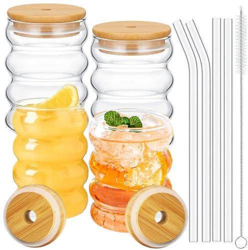 4 Stück Wellen Gläser Set mit 4 Deckel, 4 Strohhalm, 1 Reinigungsbürste, 350ml Gerippte Eiskaffee Gläser, Bubble Glas Wassergläser, Trinkgläser, Eiskaffeegläser, Wave Glas,Longdrinkgläser für Cocktail