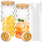 4 Stück Wellen Gläser Set mit 4 Deckel, 4 Strohhalm, 1 Reinigungsbürste, 350ml Gerippte Eiskaffee Gläser, Bubble Glas Wassergläser, Trinkgläser, Eiskaffeegläser, Wave Glas,Longdrinkgläser für Cocktail