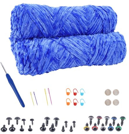 NAHUAA Chenille Wolle zum Häkeln 3 x 100g (3 x 150 m) Flauschige Wolle zum Stricken und Häkeln Kuschelwolle mit Häkelzubehör Weiche Plüschwolle für Decken Schals Kunsthandwerk, Blau