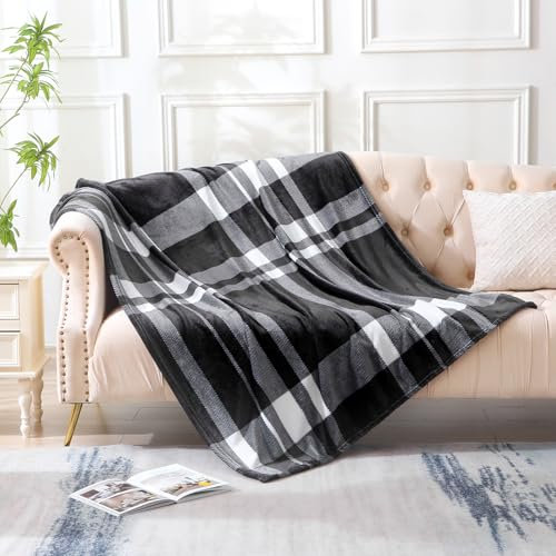DREAMLANDING Jeté en polaire pour canapé-lit, chaise - Couverture décorative ultra pelucheuse - Carreaux gris - 130 x 150 cm