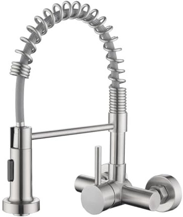 Tondiy Grifo Cocina de Pared 11 cm con Ducha de 2 Modo, Grifería de Fregadero Giratorio Flexible de 360°, Mezclador Resorte de Acero Inoxidable 304, Aireador Extraíble, Alta Presión
