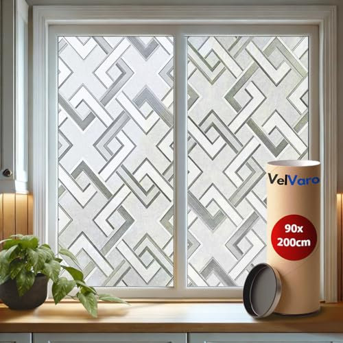 VelVaro Fensterfolie 90x200 cm – Motiv Geometrisch, Selbsthaftende blickdichte Sichtschutzfolie ohne Kleber, Milchglasfolie Rauten-Design, Polygon Muster, Privatsphäre und UV-Schutz