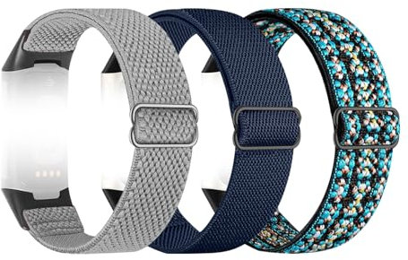 KASESS 3 Stück Elastisches Armband Kompatibel mit Fitbit Charge 6/Fitbit Charge 5 Armband, Verstellbares Atmungsaktives Sportarmband in Blau, Grau, Boho, Eine Größe, Nylon, Klassisch
