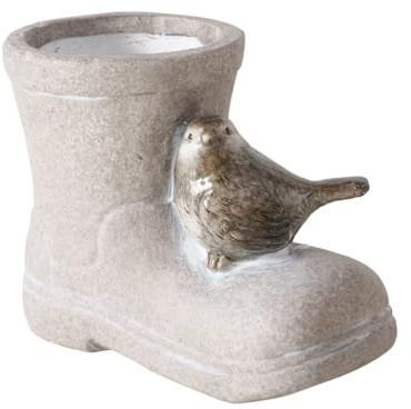 ReWu Boltze Home Blumentopf Paulona Vogel Stiefel Grau | Übertopf, Pflanztopf Blumenkübel Pflanzgefäß, Terrakotta Keramik, Balkon Terrasse Garten Outdoor Dekoration