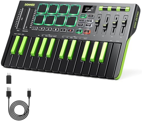 Donner DMK25 Pro MIDI Keyboard Controller, 25 Mini Key Portable USB-C MIDI Controller with 8 Drum Pads, OLED Display, Personalized Touch Bar, Music Production Software and 40 Teaching Courses, Green