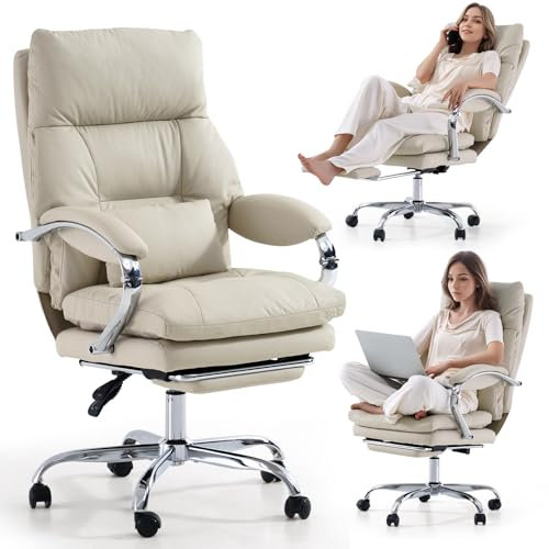 LEAGOO Home Office Desk Chairs with Foot Rest, Fully Reclining Ergonomic Executive Office Chair with Armrests, High Back PU Leather Comfy Swivel Computer Chair with Wheels and Lumbar Support, White