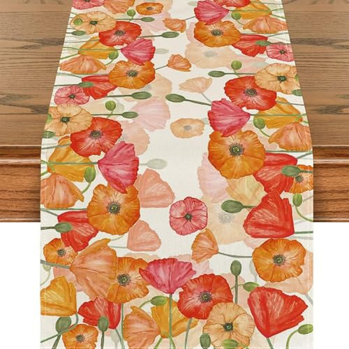 BSITSSS Tischläufer Klatschmohn 33 x 183 cm, Mohnblume Tischläufer Blumen Leinen, Orange Rot Tischdeko Table Runner für Sommer Küche Tisch Dekoration Drinnen Urlaub Party Dekor