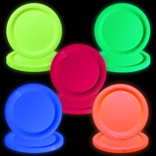 APUXXJUPA 50 platos coloridos de neón para fiestas, suministros que brillan en la oscuridad, platos de papel de cumpleaños de neón para decoraciones de fiesta Let's Glow Halloween, 9 x 9 pulgadas