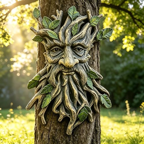 KARSTSYLVA Tree Face Garden Decoration, Outdoor Green Man Sculpture, Resin Tree Art with Leaves, Forest Spirit Wall Hanging