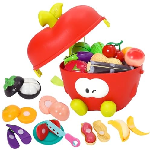 Kinderküche Spielküche Zubehör,Küche Spielzeug Wird mit einem Apfelförmigen Rucksack Geliefert,Lernspielzeug Schneiden Obst Gemüse Lebensmittel,Küche Spielzeug Geschenk für Jungen und Mädchen