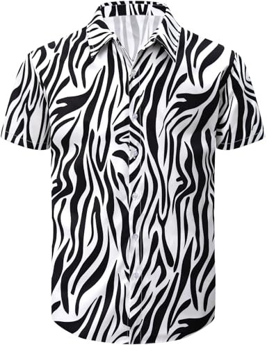 COSAVOROCK Zebra Print Shirt for Men Short Sleeve Hawaiian Shirts, Black White, XL