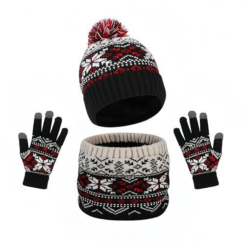 Gorro de Punto Invierno Térmico con Guantes y Bufanda Forro Polar Niños Set Beanie Sombrero de Invierno Cálido Gorro de Punto Invierno Térmico con Guantes y Bufanda Sombrero