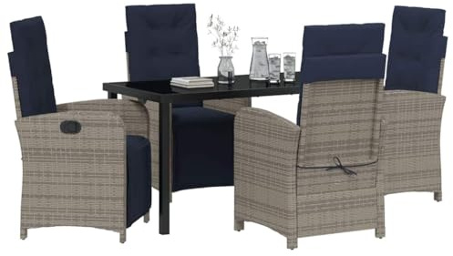 vidaXL Garden Recliner Set with 2 Grey Poly Rattan Chairs and Footrest, Adjustable Backrest and Navy Blue Cushions - Comfortable Garden Furniture for Patio, Patio and Lounge