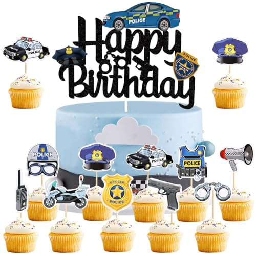 HGSHUO Police Cake Decoration Birthday Cake Decoration Police Car Cake Topper Happy Birthday Cake Decoration Muffin Children's Birthday Decoration Pack of 31
