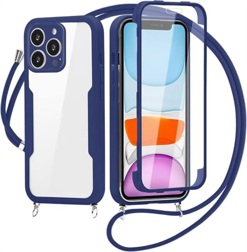 FERLAN Crossbody Lanyard Case for iPhone 14 Pro with Strap,360° Full Body with Built-in Screen Protector Touch Sensitive Shockproof Soft TPU Bumper Necklace Phone Case Protective Cover(Blue)