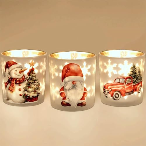 Romcanmy Teelichthalter Weihnachten, 3er Set Weiß Rot Windlicht Glas für Weihnachtstisch Deko, Modern Kerzenhalter Glas mit Weihnachtsmann Schneemann Weihnachtsbaum LKW für Party Winter Kamin Deko