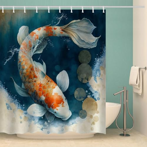 RFFLUX 3D Fisch Duschvorhang Anti Schimmel 180x200 cm mit 12 Ringe Polyester Chinesischer Stil Duschvorhänge Anti-Bakteriell Waschbar Wasserdicht Badvorhänge für Badezimmer（Stil 39-11）