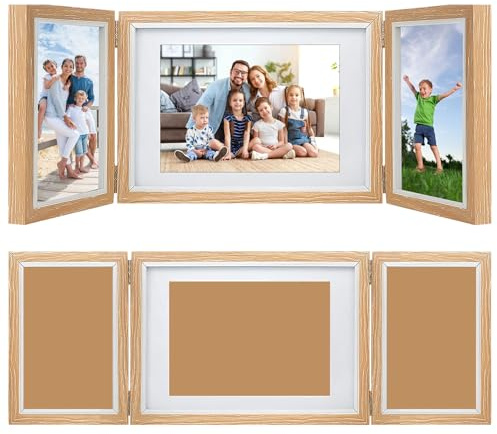 EXIN DEHCEN Portafoto Multiplo da Tavolo Cornici Triple in Legno Pieghevoli | per Foto 10x15 cm e 13x18 cm, Cornici Portafoto Pieghevole con Cerniere, per Compleanni, Matrimoni, Natale